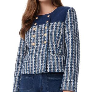 Sam Edelman NEW Blue Tweed & Denim Cropped Jacket Gold Buttons Blazer XL $169 RP